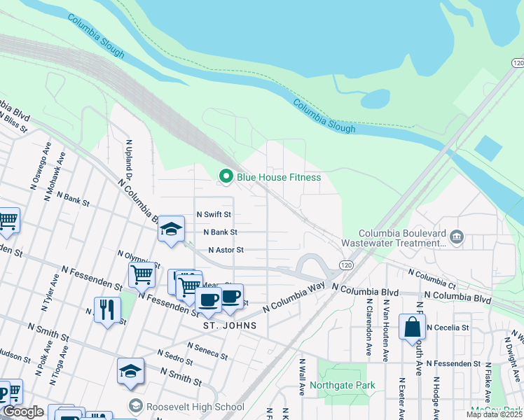 map of restaurants, bars, coffee shops, grocery stores, and more near 10425 North Bloss Avenue in Portland