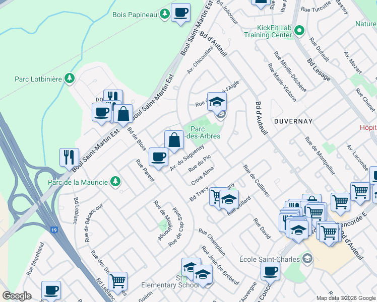 map of restaurants, bars, coffee shops, grocery stores, and more near 1515 Rue de Val-Jalbert in Laval