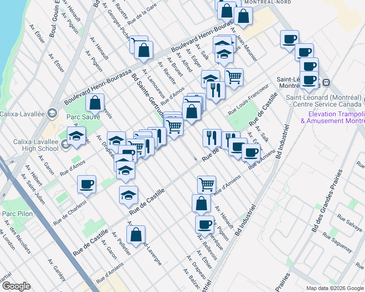 map of restaurants, bars, coffee shops, grocery stores, and more near 11018 Boulevard Sainte-Gertrude in Montréal