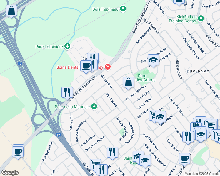 map of restaurants, bars, coffee shops, grocery stores, and more near 2780 Boulevard de Blois in Laval