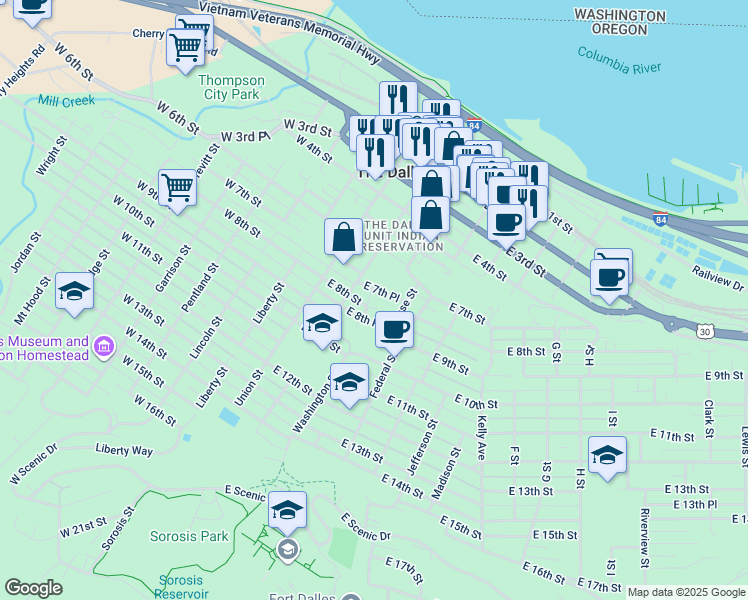 map of restaurants, bars, coffee shops, grocery stores, and more near 722 Court Street in The Dalles