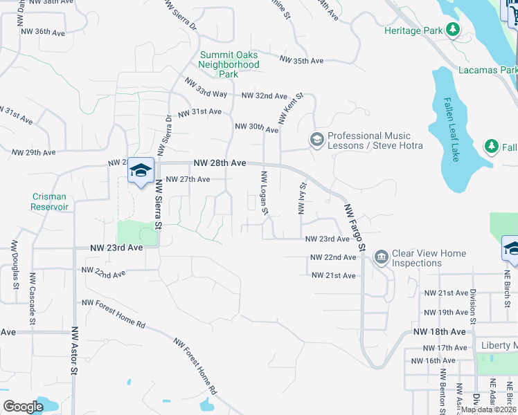 map of restaurants, bars, coffee shops, grocery stores, and more near 2640 Northwest Logan Street in Camas