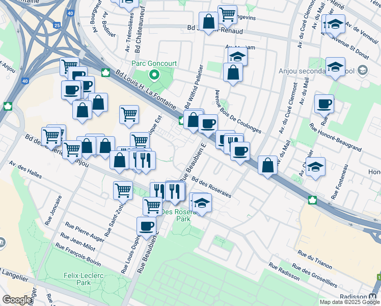 map of restaurants, bars, coffee shops, grocery stores, and more near 7415 Rue Beaubien Est in Montreal