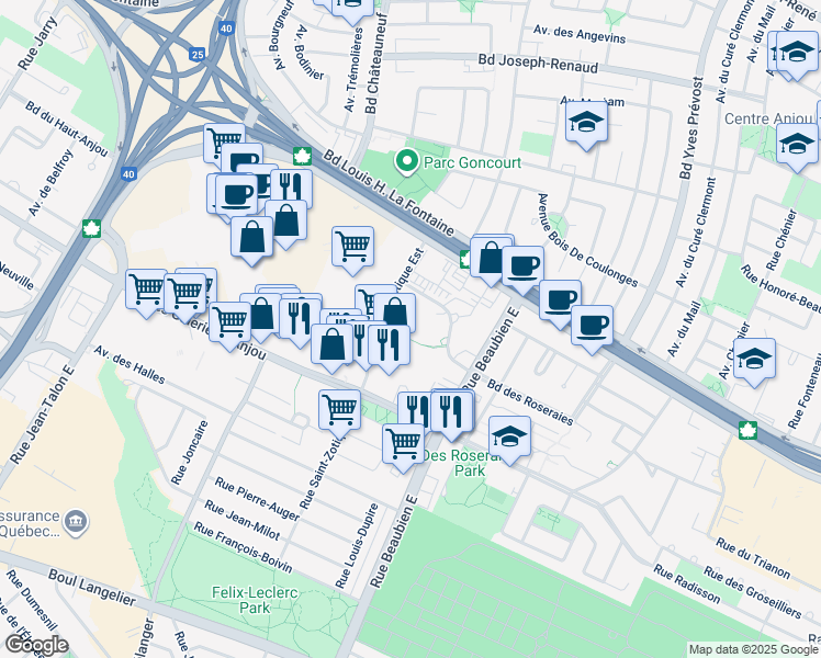 map of restaurants, bars, coffee shops, grocery stores, and more near 6880 Boulevard des Roseraies in Montréal