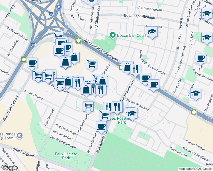 map of restaurants, bars, coffee shops, grocery stores, and more near 6880 Boulevard des Roseraies in Montréal