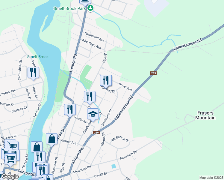 map of restaurants, bars, coffee shops, grocery stores, and more near 42 Highland Drive in New Glasgow