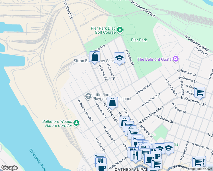 map of restaurants, bars, coffee shops, grocery stores, and more near 9828 North Leonard Street in Portland