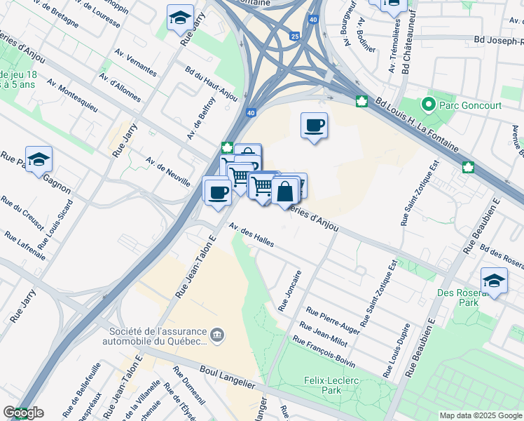 map of restaurants, bars, coffee shops, grocery stores, and more near 7500 Boulevard des Galeries d'Anjou in Montréal