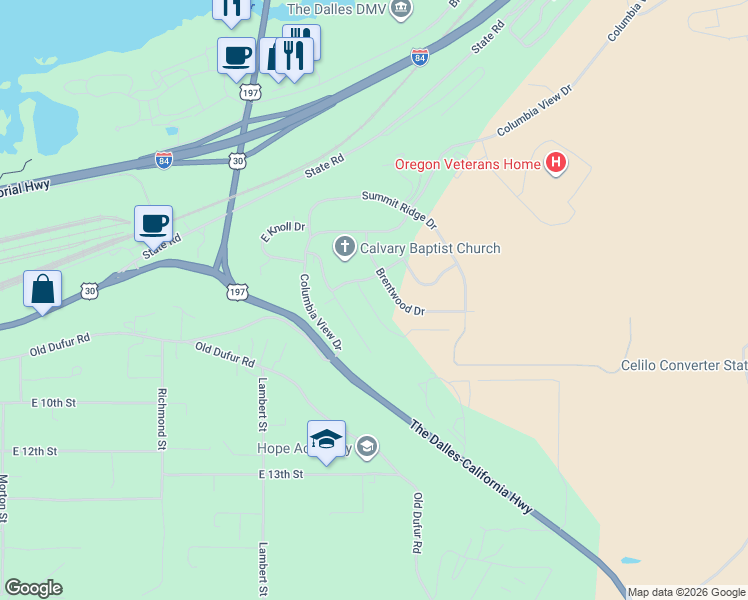 map of restaurants, bars, coffee shops, grocery stores, and more near 3308 Royal Crest Drive East in The Dalles