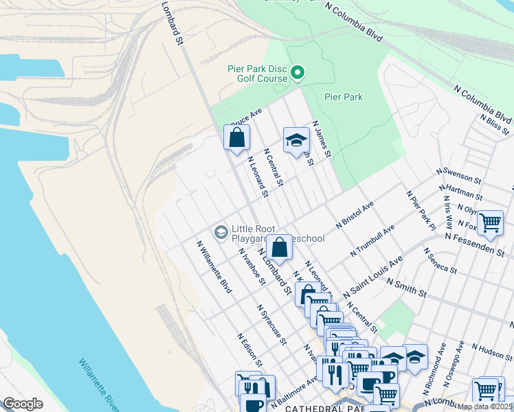 map of restaurants, bars, coffee shops, grocery stores, and more near 9925 North Lombard Street in Portland