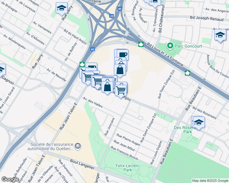 map of restaurants, bars, coffee shops, grocery stores, and more near 7500 Boulevard des Galeries d'Anjou in Montreal