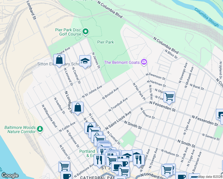 map of restaurants, bars, coffee shops, grocery stores, and more near 9323 North Bristol Avenue in Portland