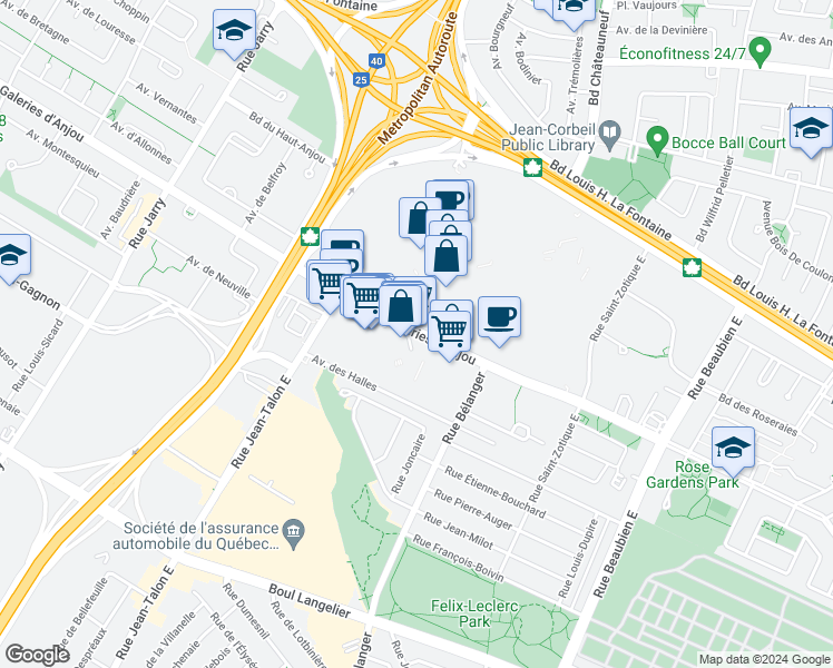 map of restaurants, bars, coffee shops, grocery stores, and more near 7500 Boulevard des Galeries d'Anjou in Montreal