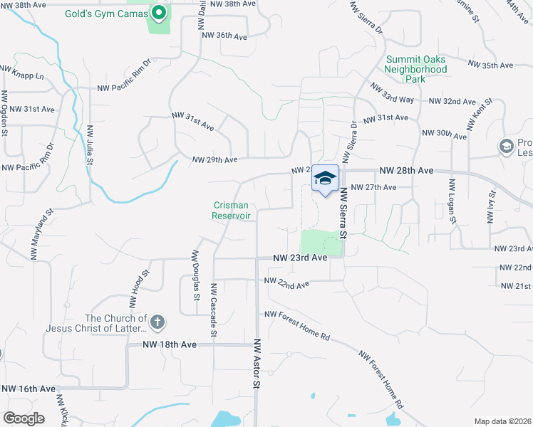 map of restaurants, bars, coffee shops, grocery stores, and more near 2350 Northwest 26th Avenue in Camas