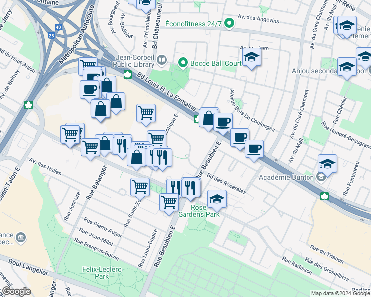 map of restaurants, bars, coffee shops, grocery stores, and more near 6900 Boulevard des Roseraies in Montréal
