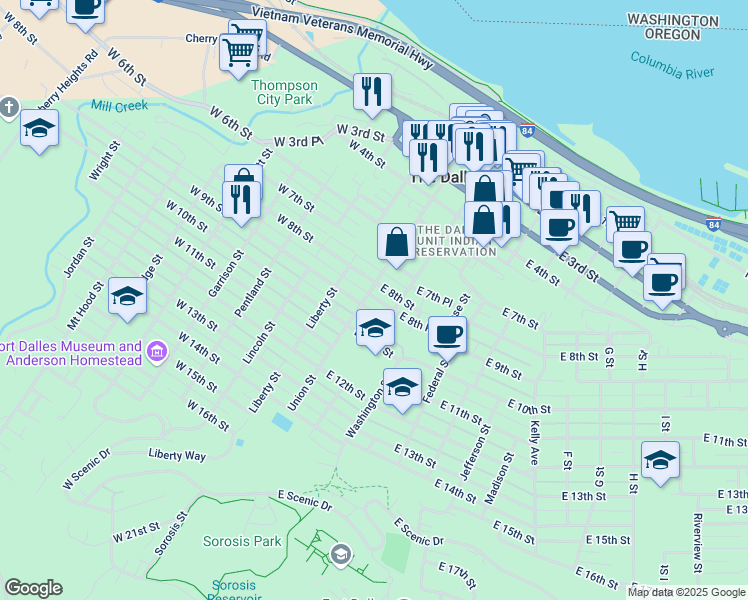 map of restaurants, bars, coffee shops, grocery stores, and more near 910 Union Street in The Dalles