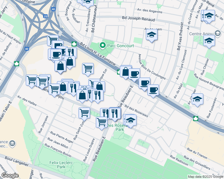 map of restaurants, bars, coffee shops, grocery stores, and more near 6900 Boulevard des Roseraies in Montréal