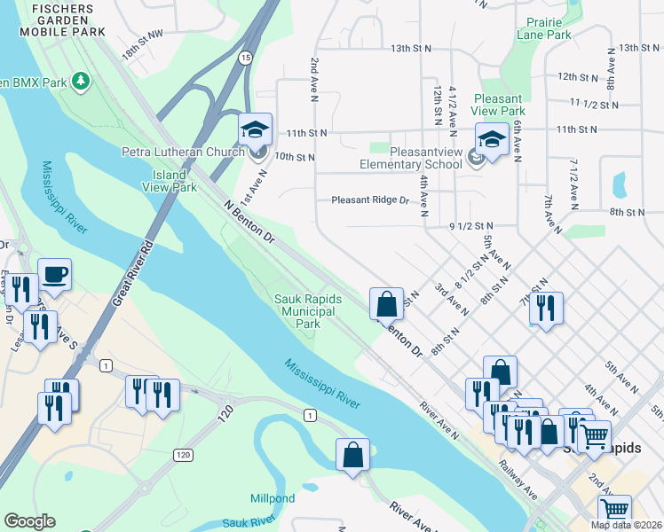 map of restaurants, bars, coffee shops, grocery stores, and more near 1017 2nd Avenue North in Sauk Rapids