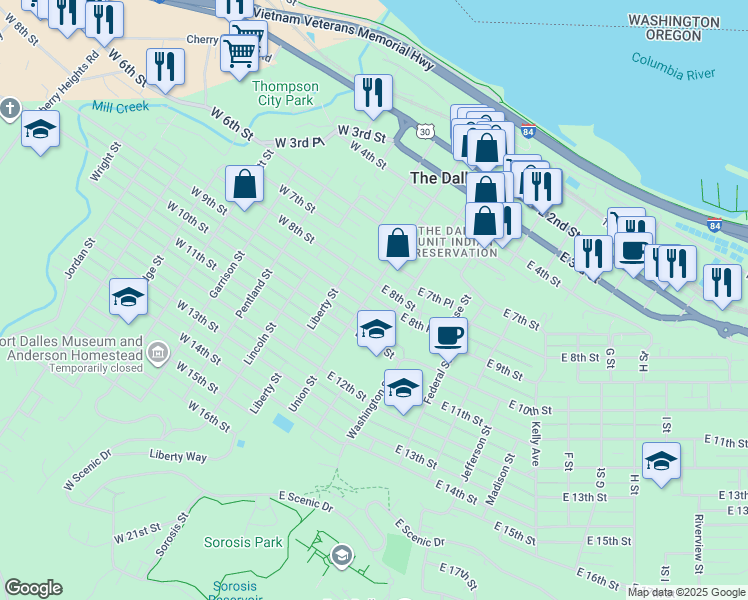map of restaurants, bars, coffee shops, grocery stores, and more near 102 East 8th Street in The Dalles