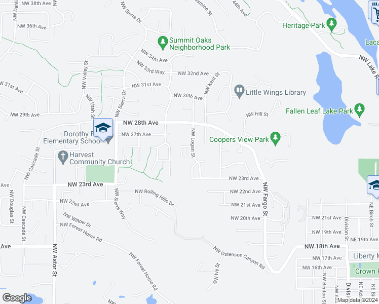 map of restaurants, bars, coffee shops, grocery stores, and more near 2519 Northwest Logan Street in Camas