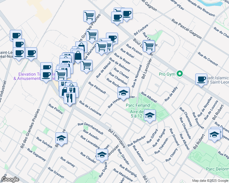 map of restaurants, bars, coffee shops, grocery stores, and more near Rue Boissonneault in Montréal