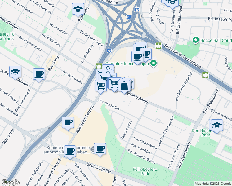 map of restaurants, bars, coffee shops, grocery stores, and more near 7500 Boulevard des Galeries d'Anjou in Montréal
