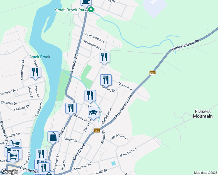 map of restaurants, bars, coffee shops, grocery stores, and more near 34 Highland Drive in New Glasgow