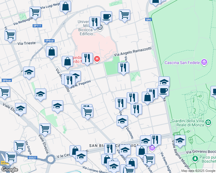 map of restaurants, bars, coffee shops, grocery stores, and more near 71 Via Gaetano Donizetti in Monza