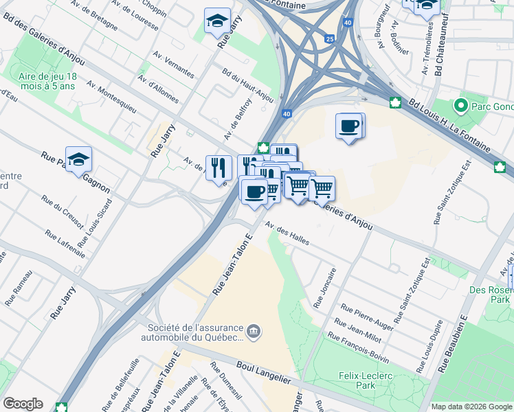 map of restaurants, bars, coffee shops, grocery stores, and more near 7101 Jean Talon Street East in Montreal
