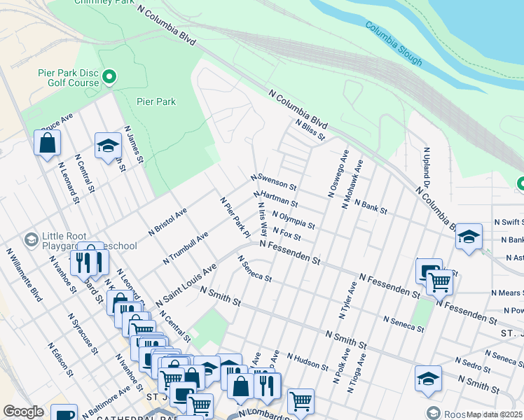 map of restaurants, bars, coffee shops, grocery stores, and more near N Olympia St & N Iris Way in Portland