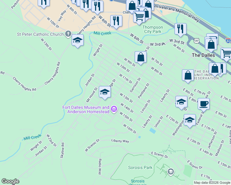 map of restaurants, bars, coffee shops, grocery stores, and more near 602 West 13th Street in The Dalles