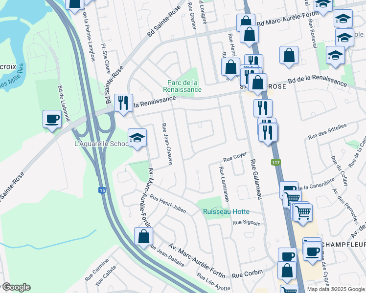 map of restaurants, bars, coffee shops, grocery stores, and more near 318 Rue P.-É Borduas in Laval