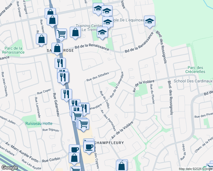 map of restaurants, bars, coffee shops, grocery stores, and more near 2560 Place du Condor in Laval