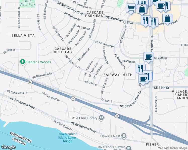 map of restaurants, bars, coffee shops, grocery stores, and more near 3110 Southeast 155th Avenue in Vancouver