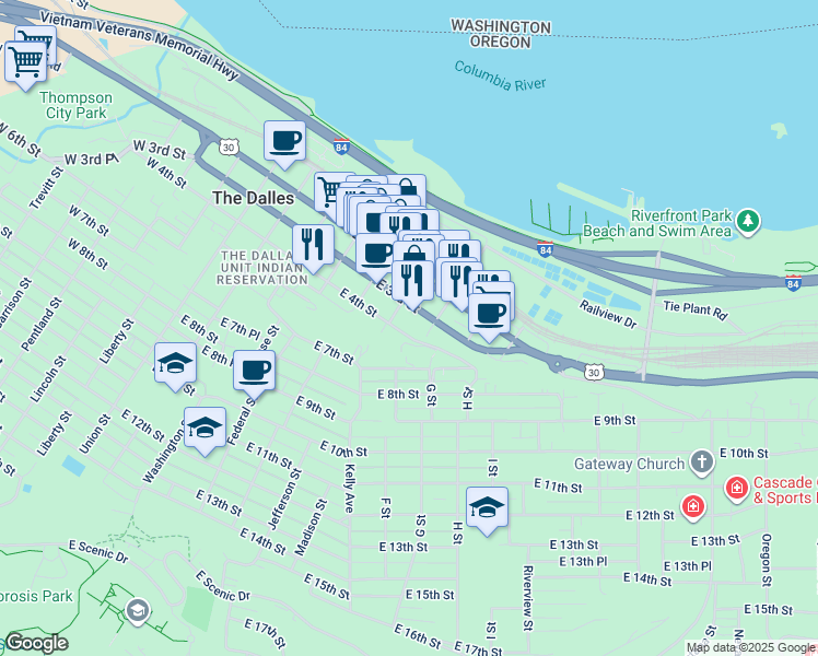 map of restaurants, bars, coffee shops, grocery stores, and more near 410 Jefferson Street in The Dalles
