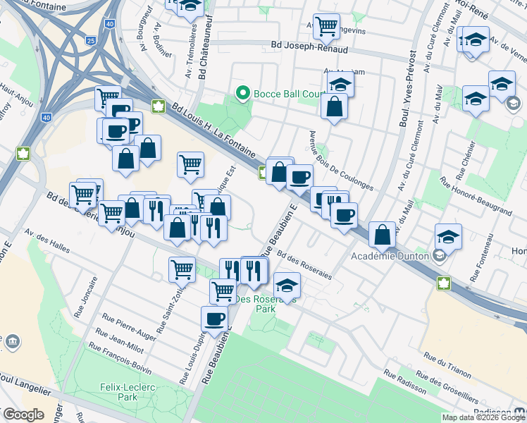 map of restaurants, bars, coffee shops, grocery stores, and more near 6851 Boulevard des Roseraies in Montréal