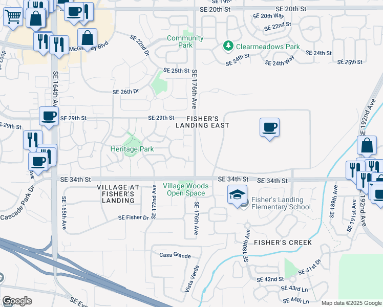 map of restaurants, bars, coffee shops, grocery stores, and more near 17501 Southeast 31st Circle in Vancouver