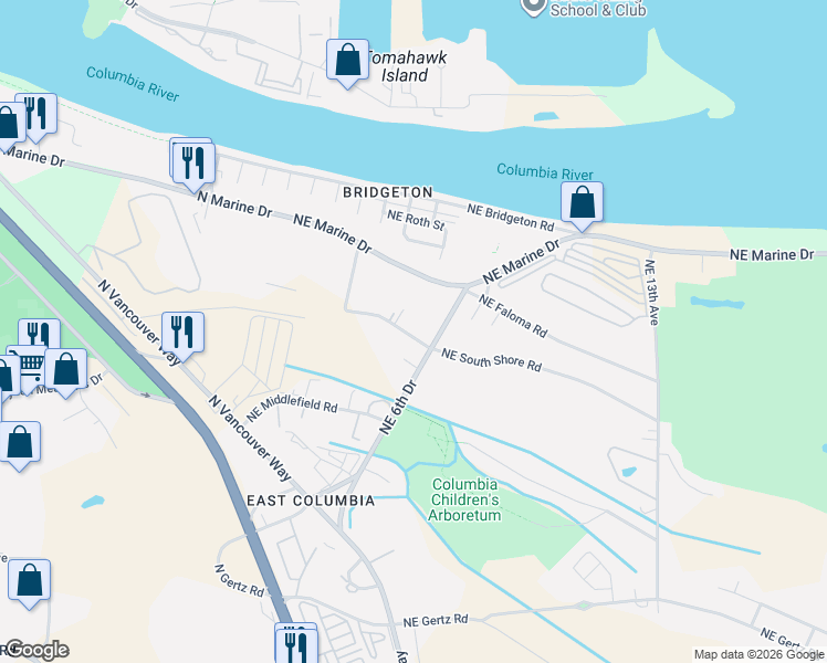 map of restaurants, bars, coffee shops, grocery stores, and more near 339 Northeast South Shore Road in Portland
