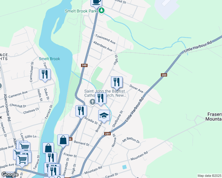 map of restaurants, bars, coffee shops, grocery stores, and more near 21 Highland Drive in New Glasgow