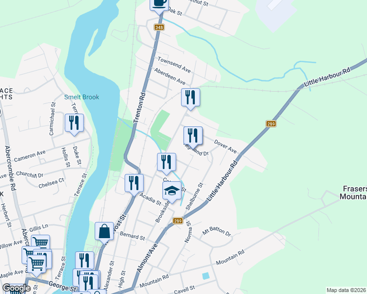 map of restaurants, bars, coffee shops, grocery stores, and more near 21 Highland Drive in New Glasgow