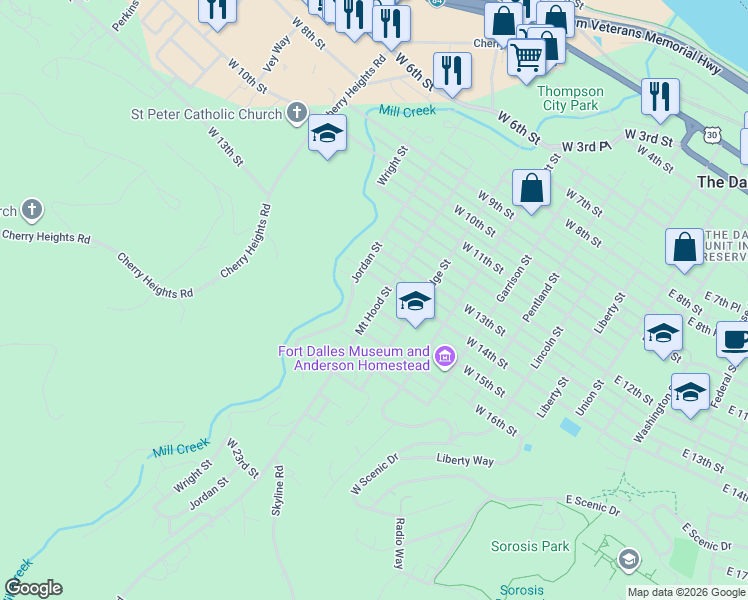 map of restaurants, bars, coffee shops, grocery stores, and more near 1515 Mount Hood Street in The Dalles