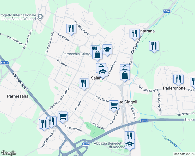 map of restaurants, bars, coffee shops, grocery stores, and more near 46A Via Castello in Ponte Cingoli