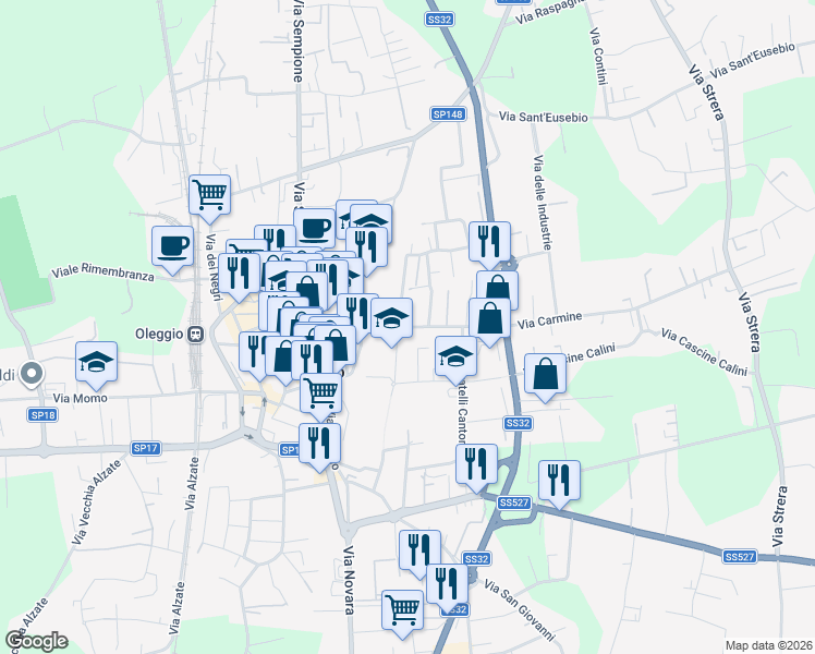 map of restaurants, bars, coffee shops, grocery stores, and more near 62 Via Luigi Sante Colonna in Oleggio
