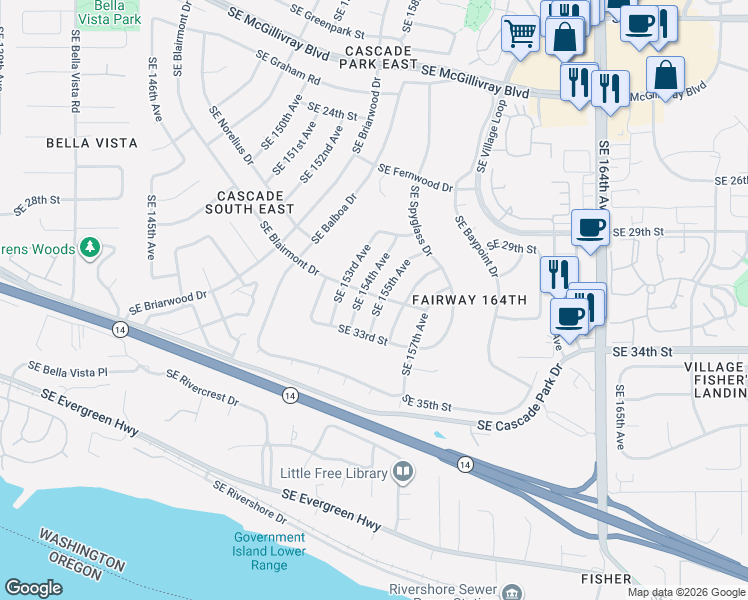 map of restaurants, bars, coffee shops, grocery stores, and more near 3019 Southeast 154th Avenue in Vancouver