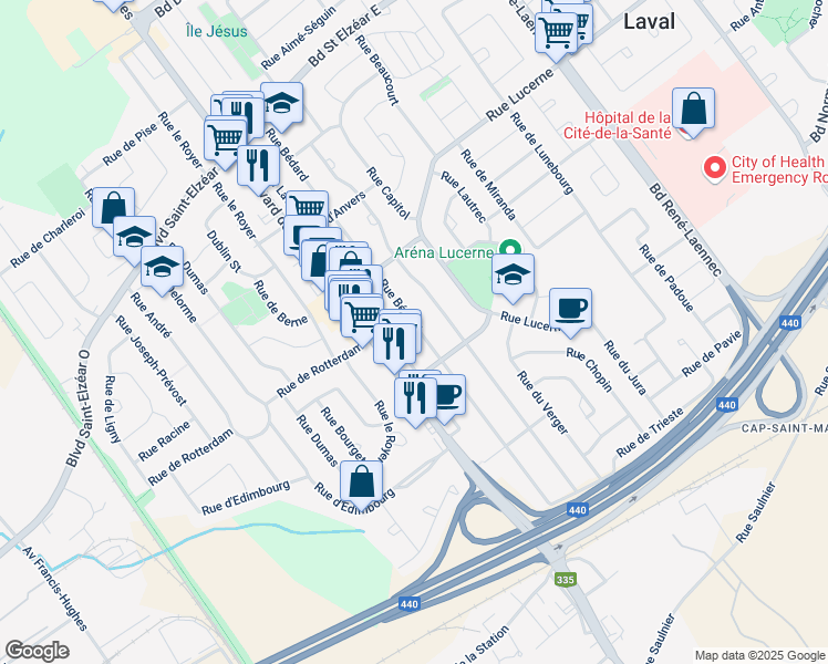 map of restaurants, bars, coffee shops, grocery stores, and more near 1734 Rue Bédard in Laval