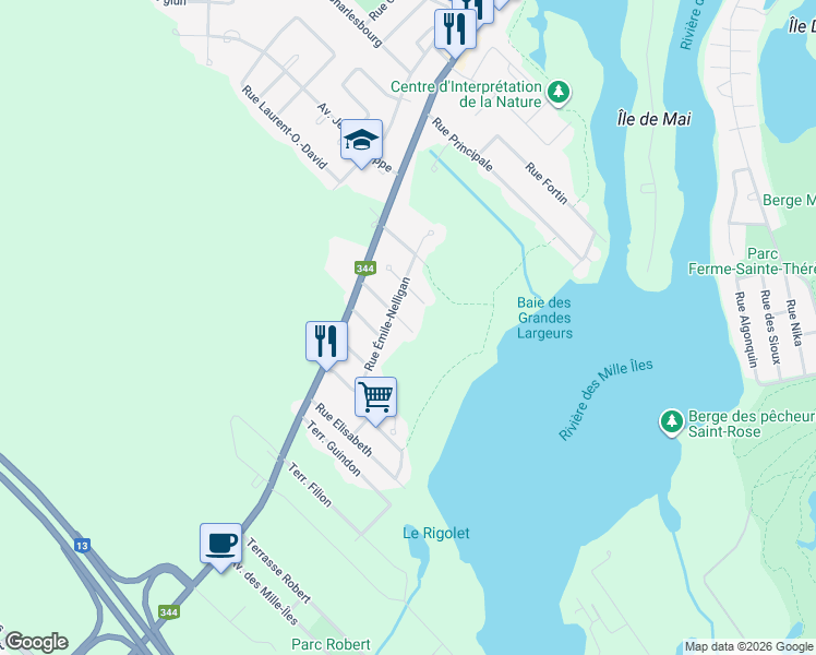 map of restaurants, bars, coffee shops, grocery stores, and more near Avenue Gabrielle-Roy in Boisbriand