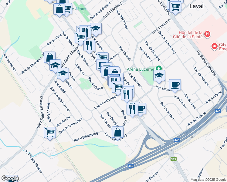 map of restaurants, bars, coffee shops, grocery stores, and more near 1759 Boulevard des Laurentides in Laval