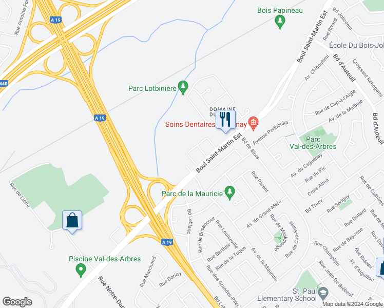 map of restaurants, bars, coffee shops, grocery stores, and more near 2365 Boulevard Saint-Martin Est in Laval