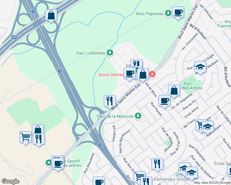 map of restaurants, bars, coffee shops, grocery stores, and more near 2365 Boulevard Saint-Martin Est in Laval