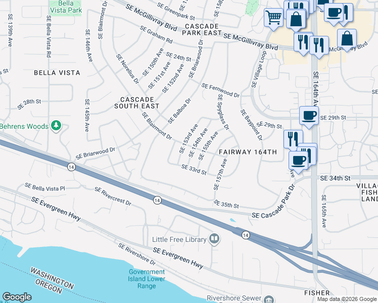 map of restaurants, bars, coffee shops, grocery stores, and more near 3116 Southeast 154th Avenue in Vancouver